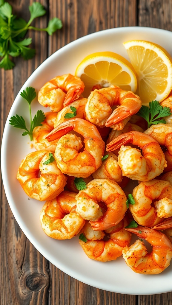 Crispy Air Fryer Shrimp with Old Bay Seasoning Crispy air fryer shrimp seasoned with Old Bay, garnished with parsley and lemon on a rustic table.